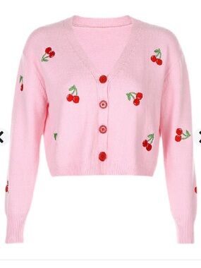 Pink Cherry Embroidered V‑Neck Cardigan